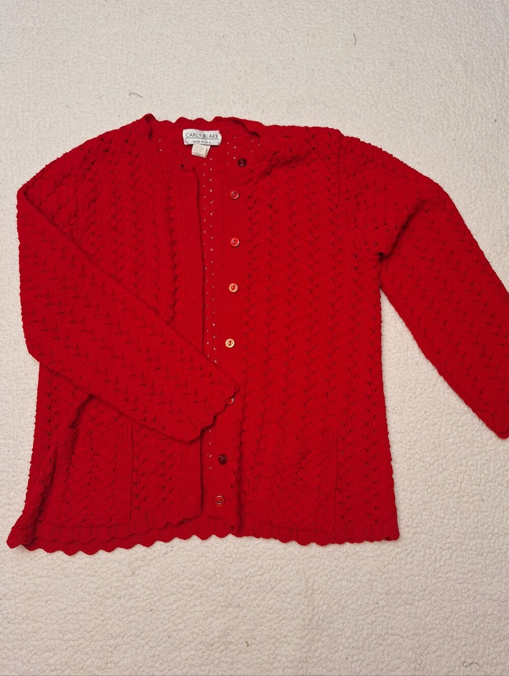 Vintage Carly Blake Red Scalloped Pointelle Knit Cardigan Sweater Small